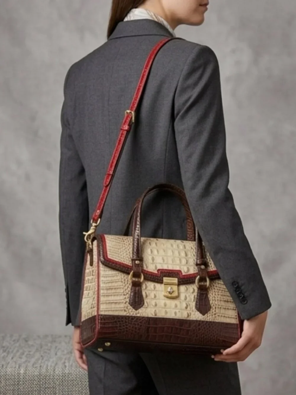 🤍 Brahmin Tri-Color Croc Embossed Leather Shoulder Satchel/Crossbody - Picture 7 of 13